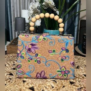 Embroidered Floral Cork Top-Handle Bag